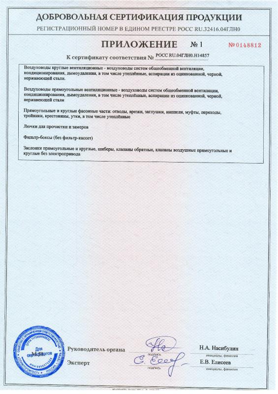 Сертификат соответствия (добровольная сертификация продукции) на Конструкции вентиляционные классов Н, П, A, B, C, D. Приложение