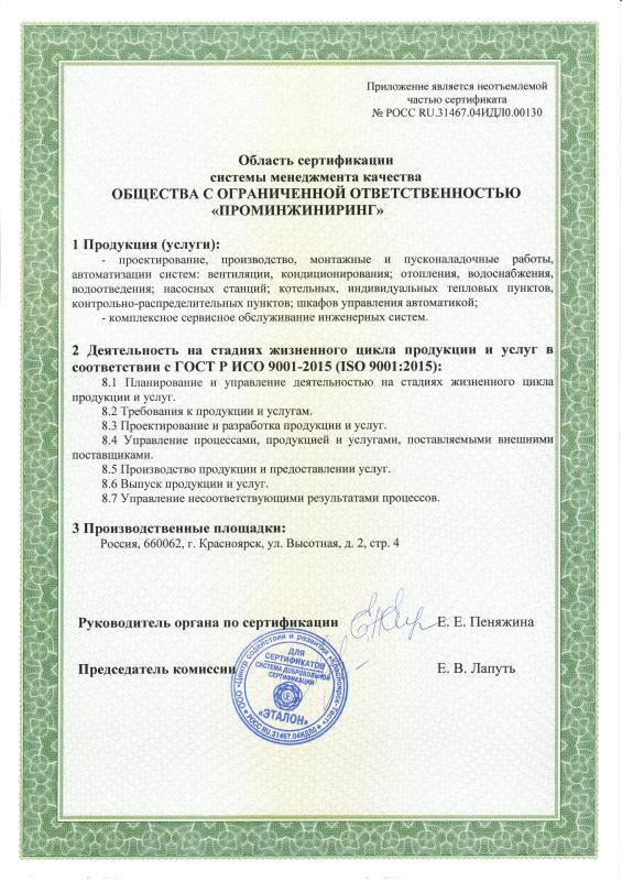 Сертификат соответствия системы менеджмента качества требованиям ISO 9001:2015 (Приложение)